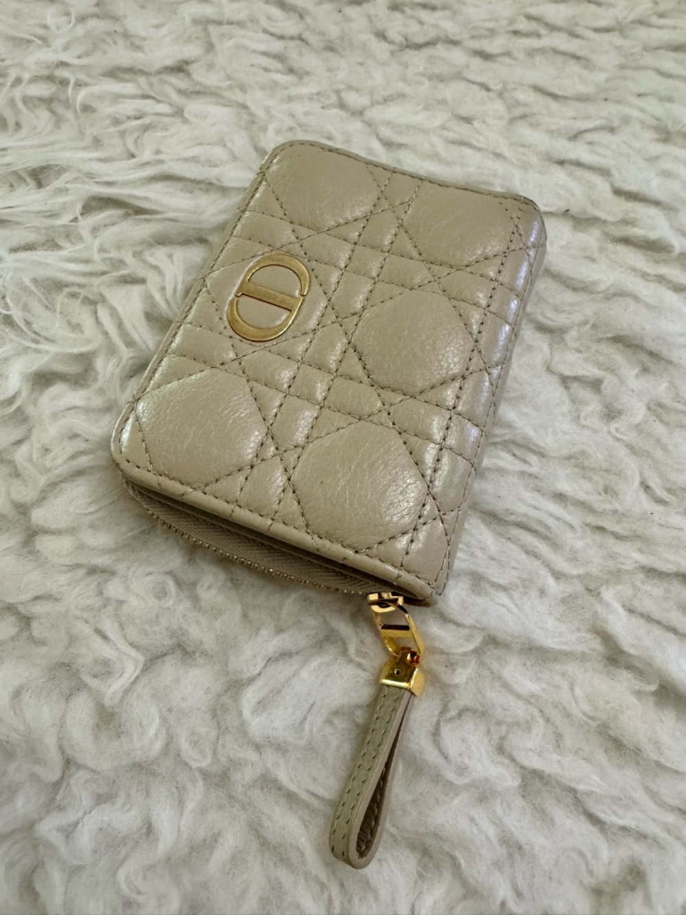 Dior Quilted Leather Zip Wallet in Light Beige with Gold Hardware
